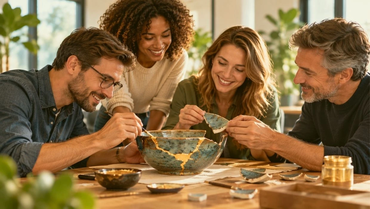 Équipe de quatre collaborateurs réparant ensemble un bol en céramique selon l’art japonais du Kintsugi, symbole de résilience d’équipe, de coopération et de reconstruction collective