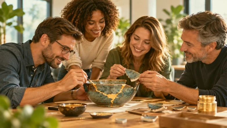 Équipe de quatre collaborateurs réparant ensemble un bol en céramique selon l’art japonais du Kintsugi, symbole de résilience d’équipe, de coopération et de reconstruction collective