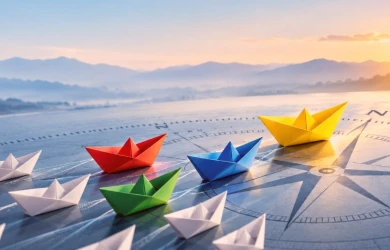 Des bateaux en papier aux couleurs du DISC avancent sur une rose des vents, symbolisant les forces complémentaires des styles comportementaux et le leadership.