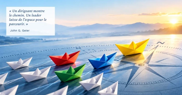 Des bateaux en papier aux couleurs du DISC avancent sur une rose des vents, symbolisant les forces complémentaires des styles comportementaux et le leadership.