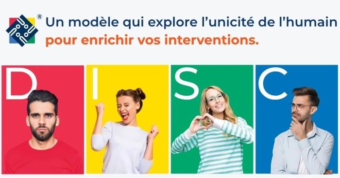 Illustration du modèle DISC persolog : un modèle pour explorer l'unicité humaine, présenté par 4 profils de comportements en couleur pour le webinaire découverte.